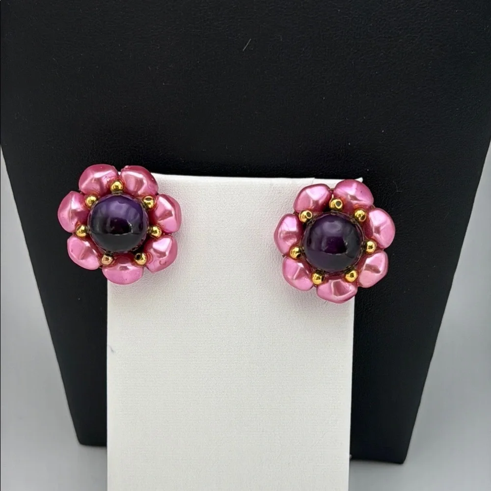 Vintage pink and purple floral cluster statement clip on earrings